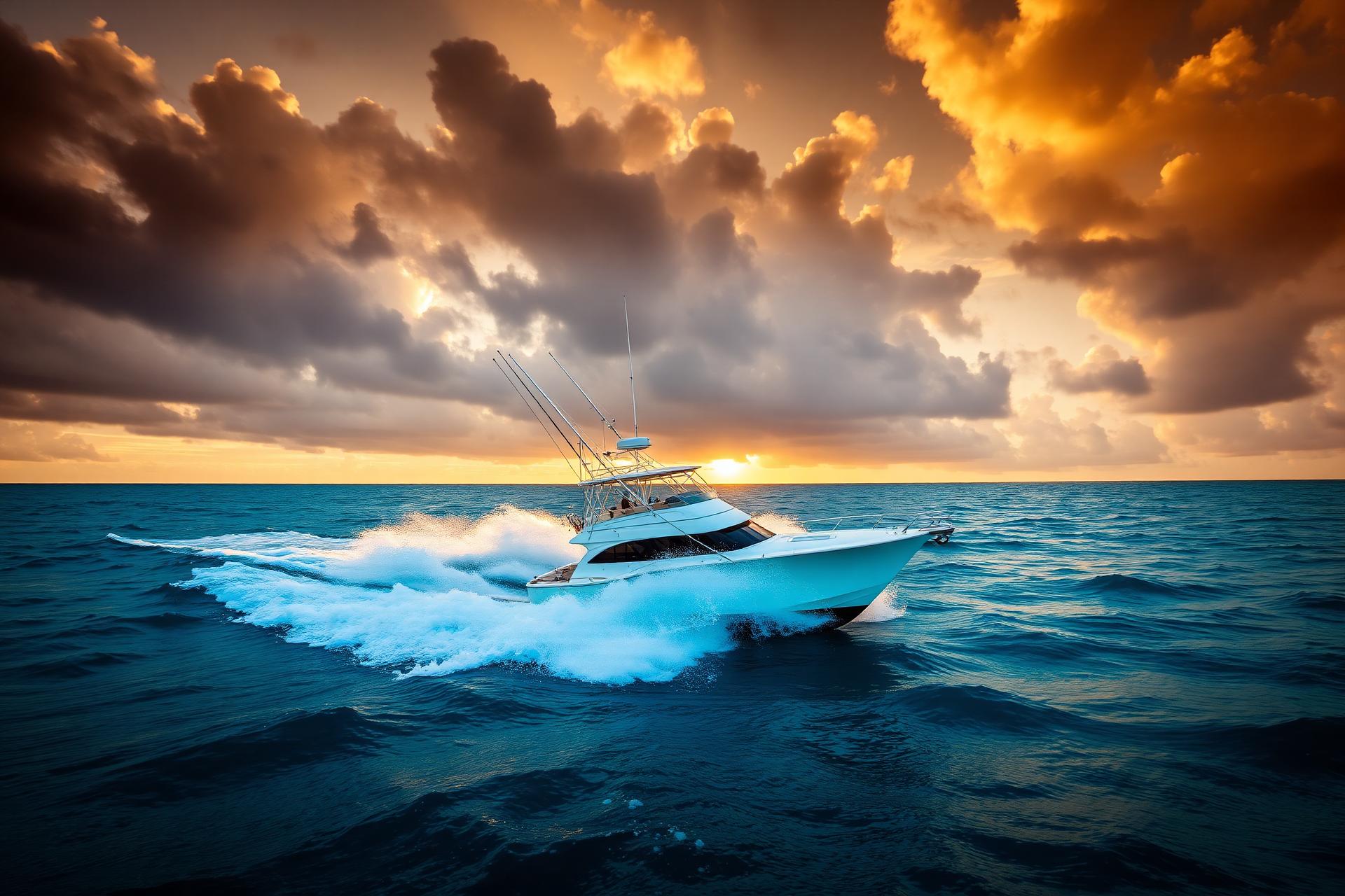 Sport fishing boat cutting through South Florida ocean at sunrise